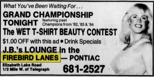 Firebird Lanes (Huron Bowl, JBs Lounge) - Nov 1984 Ad